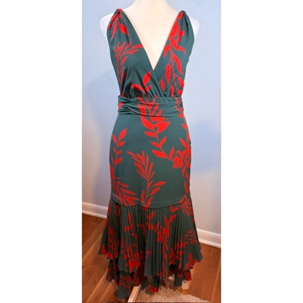 Andrés Otálora Silk Maxi Dress Teal Red Tropical Print Pleated Tiered Size 4